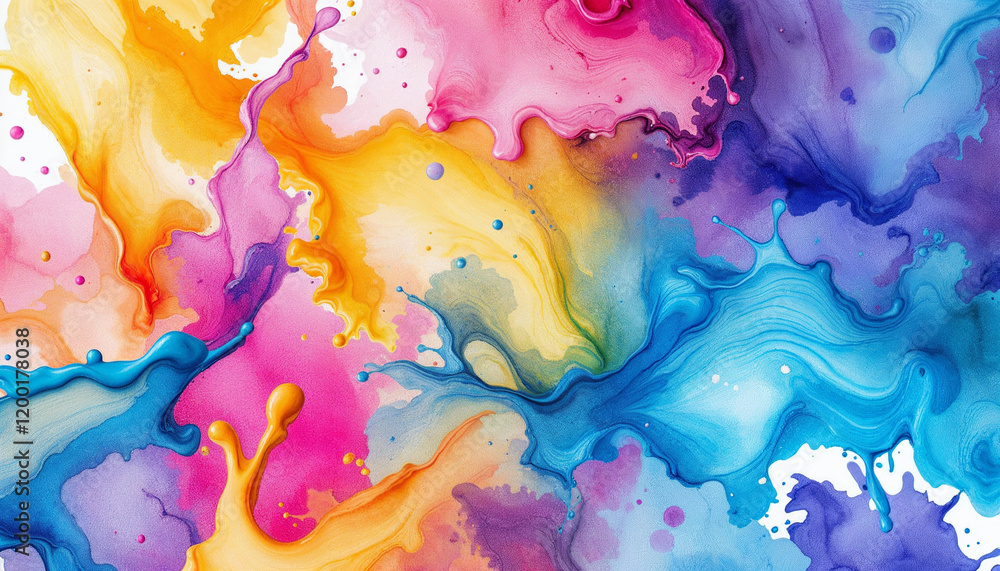Poster colorful abstract art with vibrant splashes and flowing patterns showcasing a blend of hues