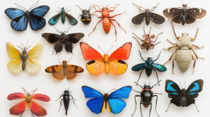 A vibrant collection of various insects displayed on a white background, showcasing biodiversity