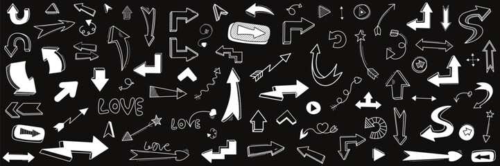 Various sketchy Doodle Arrows, Direction pointers Shapes and Objects. Direction pointers. Vector illustration.