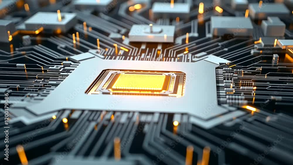 Poster a futuristic maze designed in pristine white, leading to a glowing golden microchip at its center, r