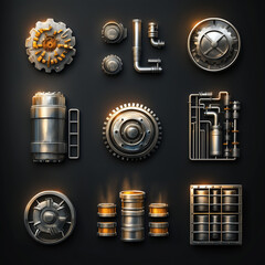 Industrial metal components on dark background