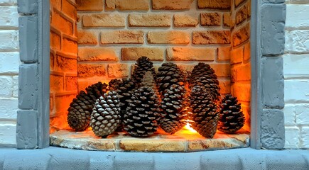 Pine cones in a brick fireplace
