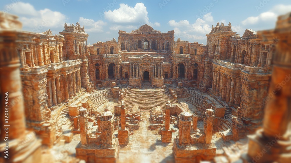 Poster an ancient ruin with grand columns and structures under a blue sky.