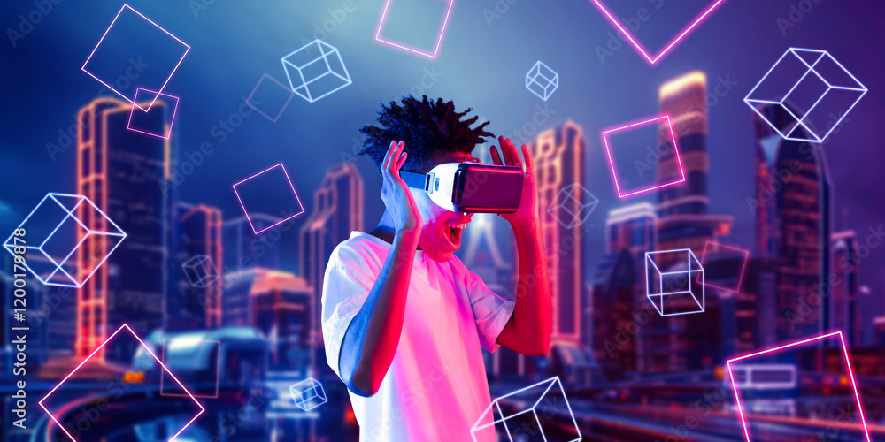 Poster african man excited while playing game in metaverse and looking at shape. smart player with casual c
