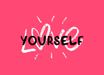 Imperfection chalk hand written calligraphy artwork. Inspirational slogan of Love yourself. Trendy girly print for greeting card - isolated vector on red background.