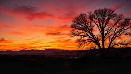 Obraz premium Silhouetted barren tree against vibrant sunset, nature's tranquility