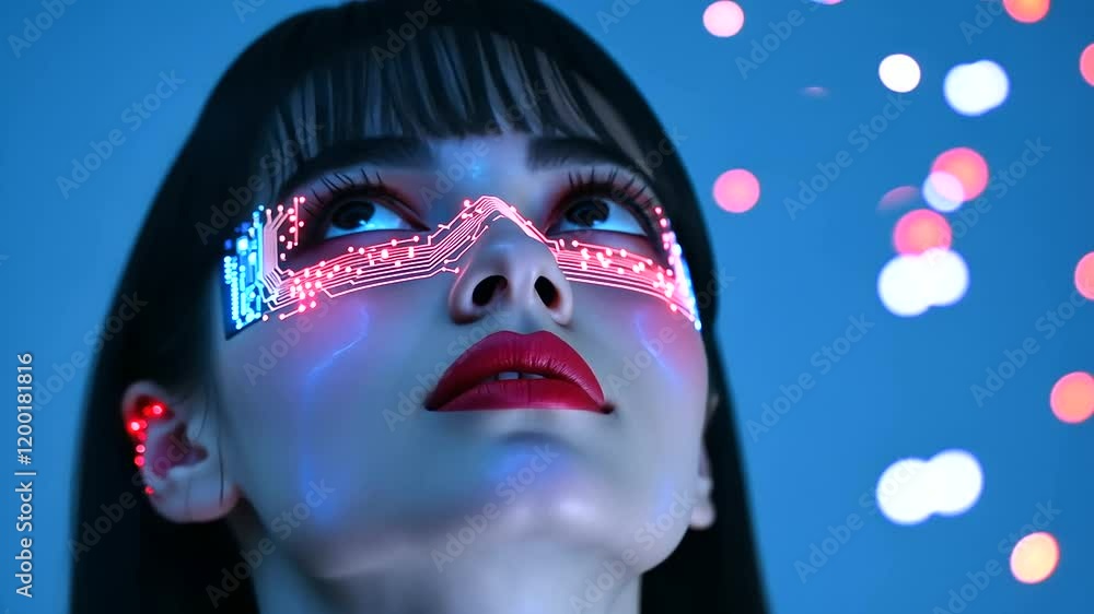 Aufkleber a profile of a woman with an ai chip gleaming on her temple and intricate holographic circuit patter