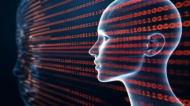 A semi-transparent AI face materializing out of cascading numbers and holographic data streams, symbolizing the essence of artificial intelligence and machine learning