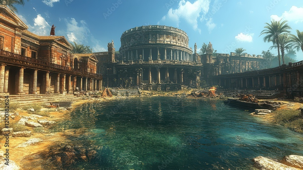 Poster a serene ancient ruins scene with a large pool and classical architecture.