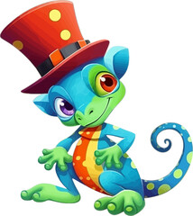 A charming vector cartoon-style chameleon wearing a bright red top hat. Its playful expression and vibrant green color make it a perfect design for prints, cards, and tropical-themed decor.