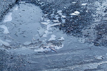 shattered ice in a puddle on the sidewalk. natural winter patterns from frozen water. frozen puddle.