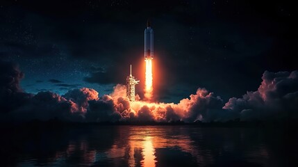 Obraz premium A rocket launch at night, with the sky painted in hues of dark blue and orange as it soars into space.