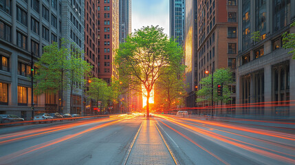 Fototapeta premium A lone tree stands in the center of a bustling downtown street, symbolizing resilience and hope amid urban chaos. The blurred motion of passersby emphasizes the contrast of nature against city life. 