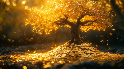 Naklejka premium Golden coin tree symbolizing prosperity wealth growth investment crypto success modern financial background blurred elegant design futuristic concept with empty caption space for customization