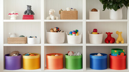 Colorful Harmony: Organized Nursery with Wooden Toys and Baskets
