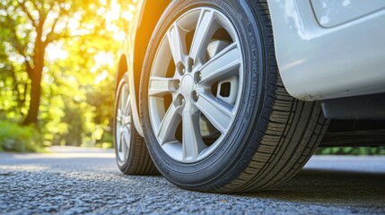 A close-up view of a flat tire on a car parked on a sunlit road surrounded by trees