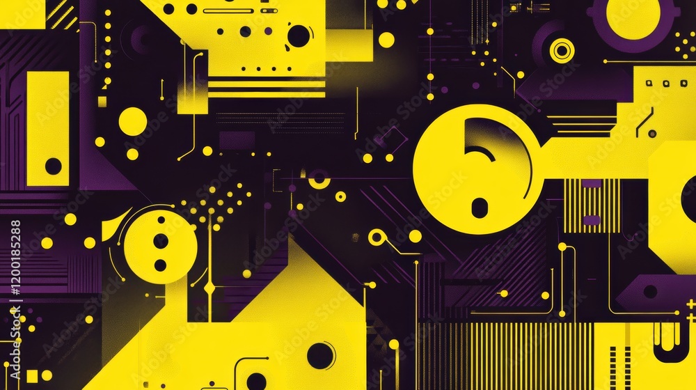 Poster abstract digital circuit design featuring yellow and purple colors with geometric shapes and pattern
