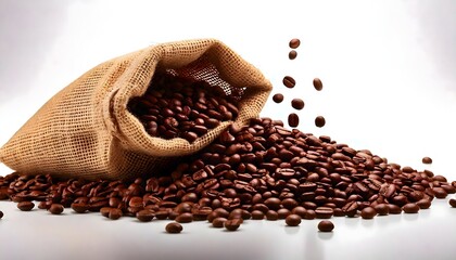 Natural Burlap Bag with Roasted Coffee Beans Scattered Around