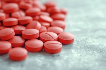 Bright red tablets scattered on a gray surface in a clinical setting
