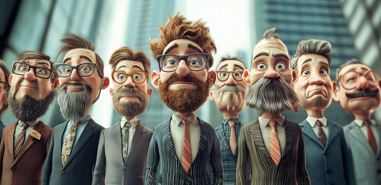 A group of animated businessmen showcasing various styles and personalities in a modern setting.