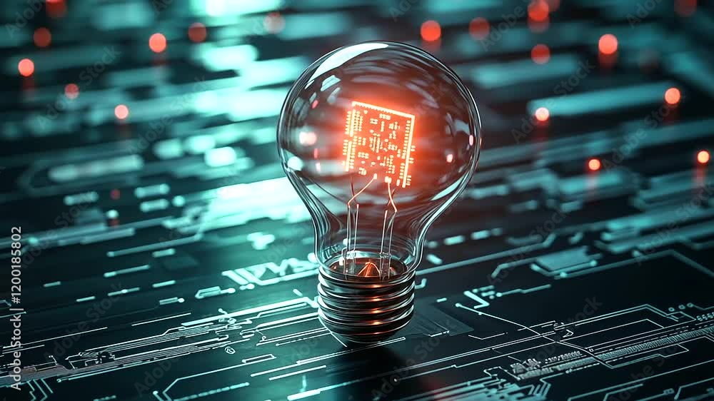 Poster a close-up of a lit incandescent light bulb with a tiny ai microchip glowing inside, casting hologra