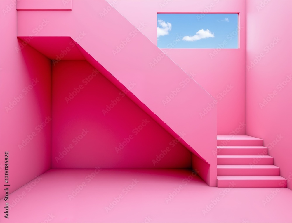 Poster minimal and clean interior design with a single pink staircase in a bright pink room. the empty spac