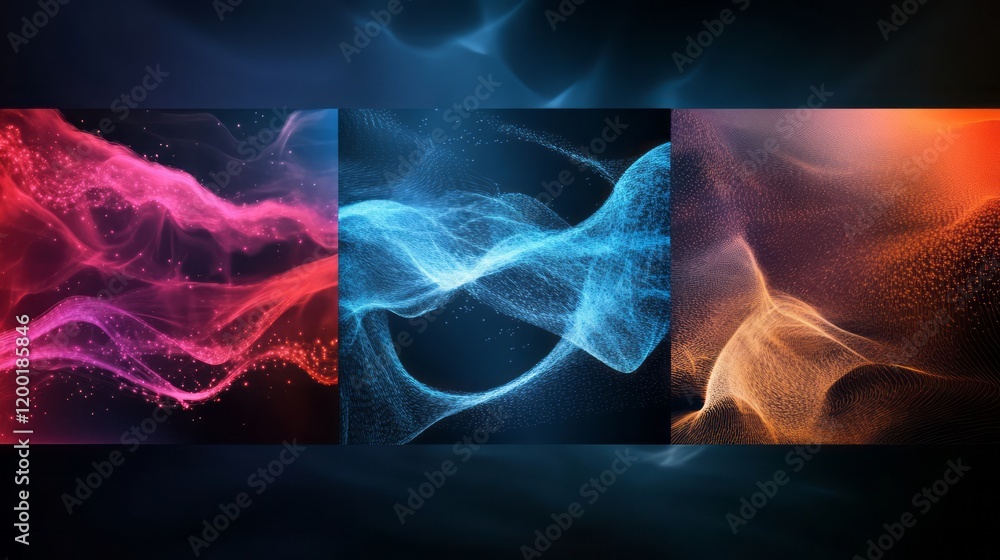 Poster vector background with three different color smoke wave patterns on dark blue, red, and orange color