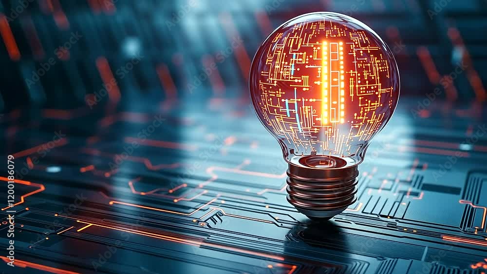 Poster an incandescent light bulb with a vibrant ai microchip glowing inside, casting intricate digital ref