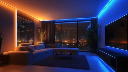 Modern living room with blue LED lighting strips on the ceiling and walls, creating an atmosphere of luxury and comfort.