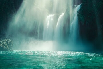 tranquil waterfall surrounded by lush greenery and turquoise water with mist in a serene tropical jungle