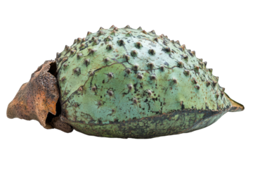 Unique green spiked turtle shell displayed against a white background highlighting its texture and intricate details