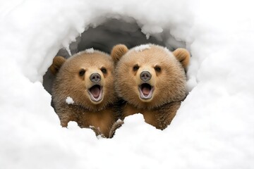 Two playful bear cubs peeking out of their snowy den with curious expressions, surrounded by a pristine winter setting