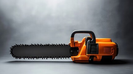 Naklejka premium A chainsaw with an orange body and black blade is placed on a gray background