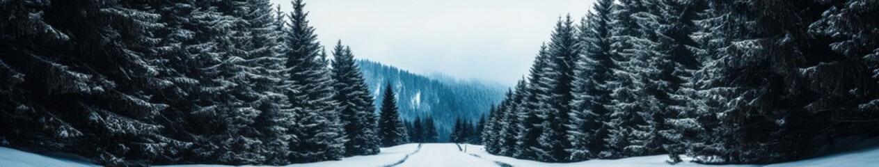 Fototapeta premium Snow-covered forest road in winter with tall pine trees and fog