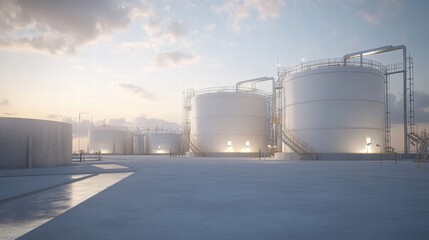 Obraz premium Industrial oil storage tanks at a facility during a serene early morning with soft light and clear skies. Generative AI