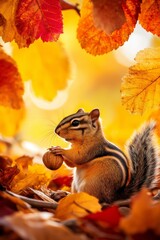Obraz premium A chipmunk holding a nut in its paws, surrounded by vibrant autumn leaves in shades of red and yellow, under warm golden sunlight