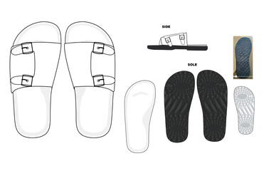Slip on sandal double buckle technical drawing