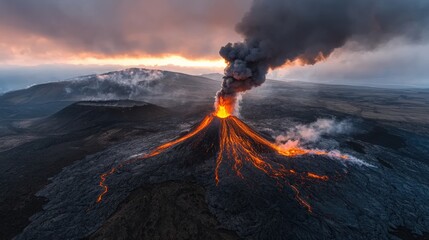 Powerful volcanic eruption: bright red lava streams flowing from the mountain.