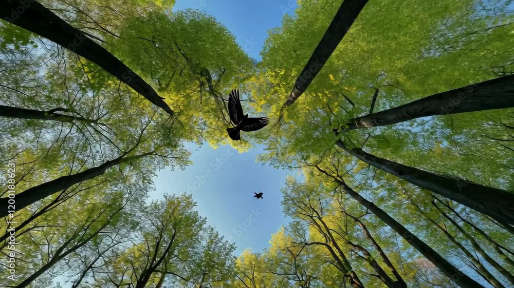 Poster bird soaring through vibrant green trees in a spring forest, flying between the trees in the spring 