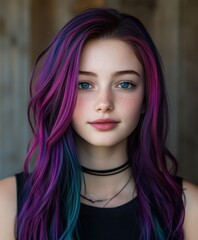 Fototapeta premium Girl with vibrant purple and teal hair posing indoors, natural look