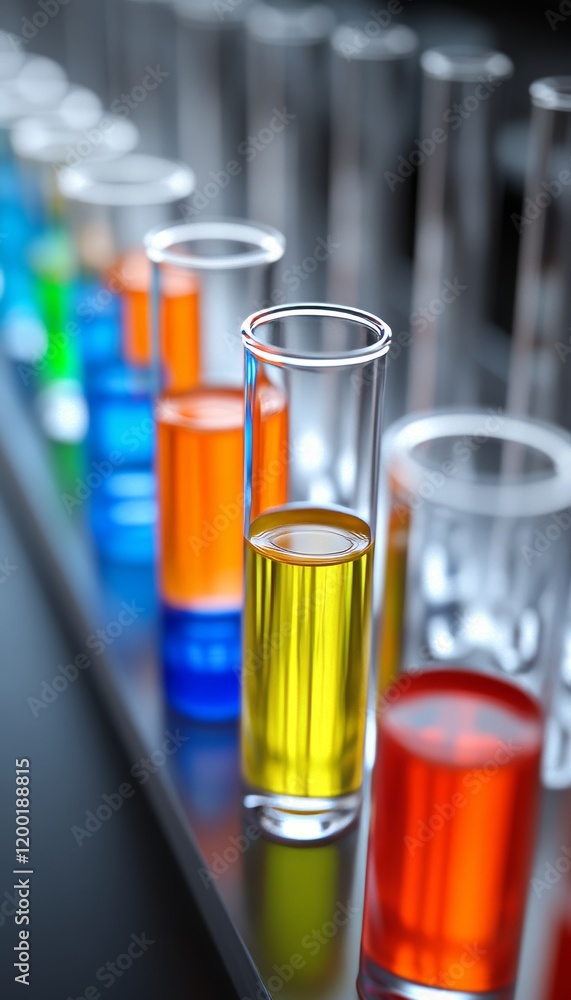 Poster vivid colored test tubes in a row chemistry experiment analysis in laboratory setting