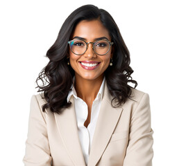 Elegant and Confident Female Professional in a Business Suit, Wearing Glasses, Radiating Success, Isolated on Transparent Background