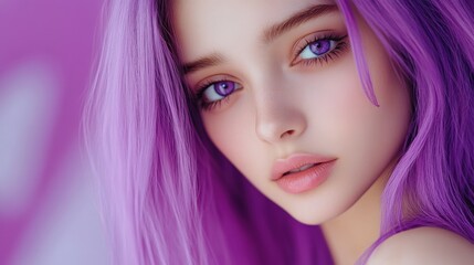 Naklejka premium Portrait of a young woman with vibrant purple hair and striking eyes