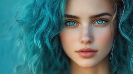 Young woman with vibrant blue hair and striking blue eyes poses boldly