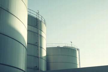 Oil storage tanks in an industrial setting under a clear sky during daytime. Generative AI