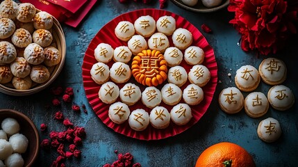 Fototapeta premium Chinese New Year cookies arranged on a red plate.
