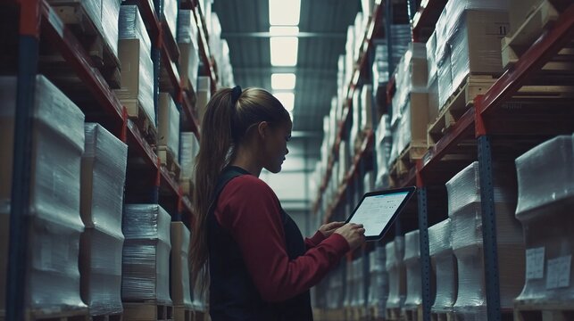 Female warehouse worker, focused on her tablet, navigating through the organized shelves of inventory.