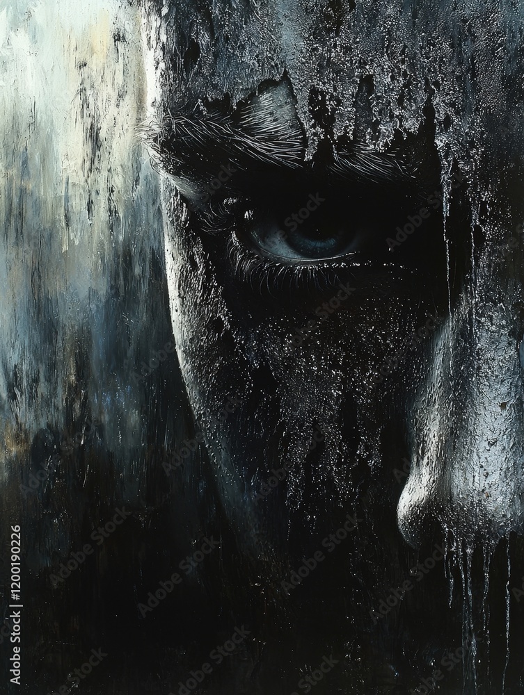 Poster dark and intense close-up of a face partially obscured by textured black material. ideal for album c