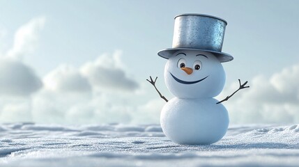 Obraz premium A cheerful cartoon snowman with a silver top hat, standing on a snowy landscape under a bright blue sky.