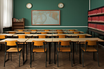 classroom with chairs, tables and chalkboard. ,.Generative AI